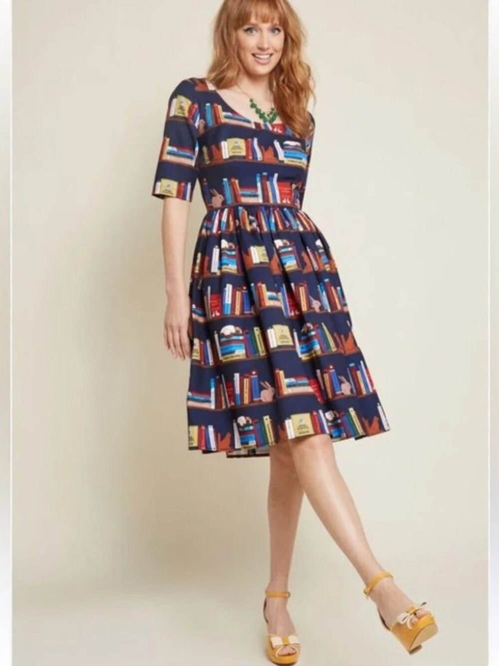Collectif Vintage Library Bookshelf Print Shirt Dress Cat/Bunny Books UK XL